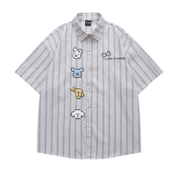 Camisa holgada de media manga con diseño de perro divertido bordado a rayas para hombre y mujer_voghion.com