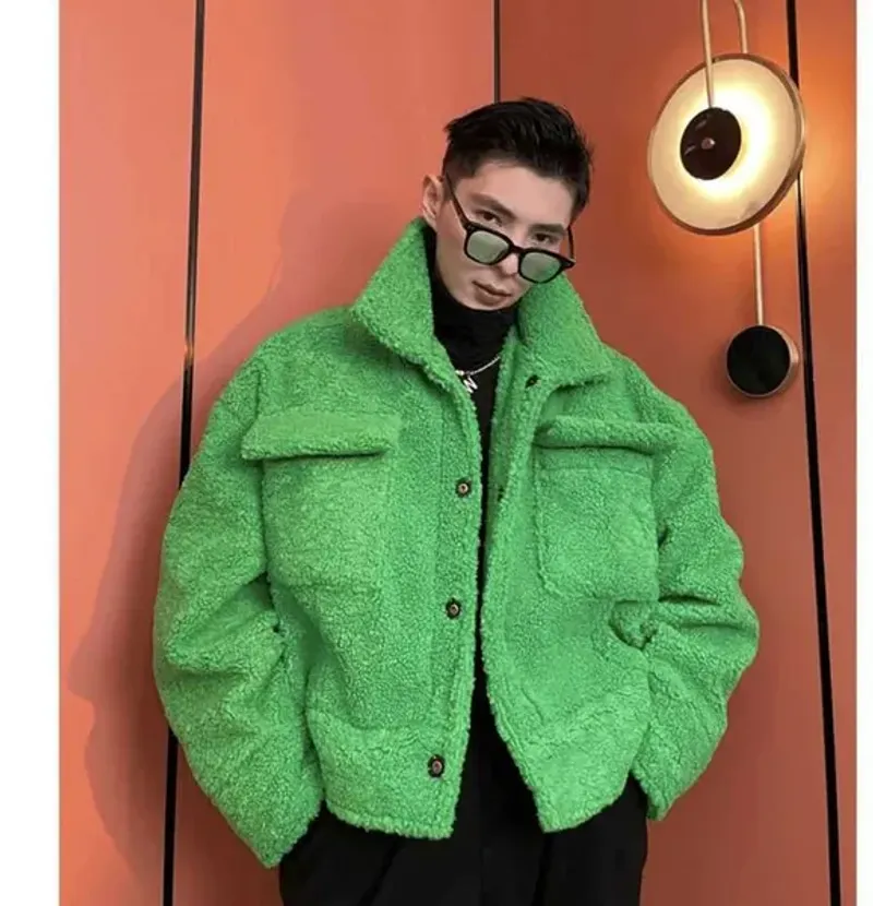 Faux Pelz Winter Jacken Grüne Wolle Mäntel Koreanischen Stil Hip Hop Oversize Mode Parka Einreiher Männer Casual_voghion.com