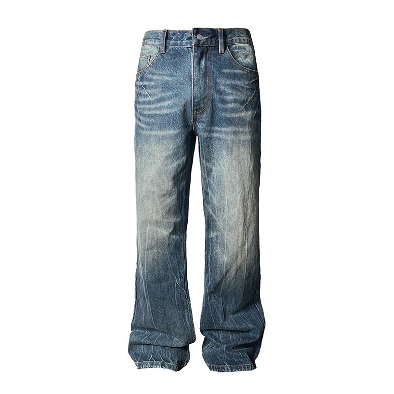 Herrenbekleidung Retro Dunkelblau Lightning Cracked Jeans Für Männer Und Frauen Lockere Hosen Mit Weitem Bein Verwaschene Gerade Schlaghose_voghion.com