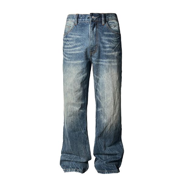 Herrenbekleidung Retro Dunkelblau Lightning Cracked Jeans Für Männer Und Frauen Lockere Hosen Mit Weitem Bein Verwaschene Gerade Schlaghose_voghion.com