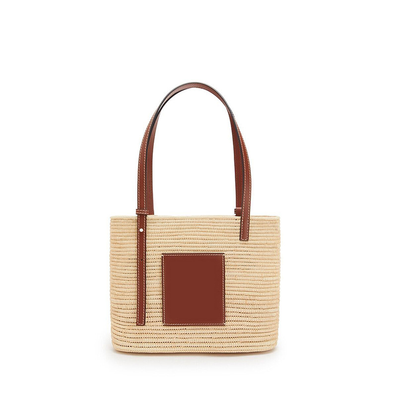 Natürliche handgefertigte Strohtasche mit Ledergriff, modische Rafite-Einzelschulter-Quadrat-Urlaubsstrand-Rattan-Gewebetasche_voghion.com