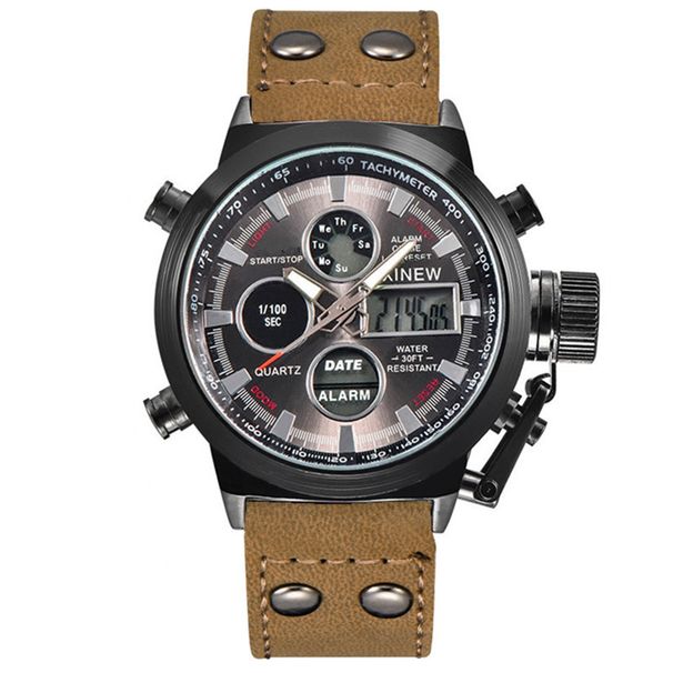 Men's Digital Analog Watch With Leather Strap - Multi-Function Display, GMT, Alarm, Date, Sporty Style, Water Resistant_voghion.com