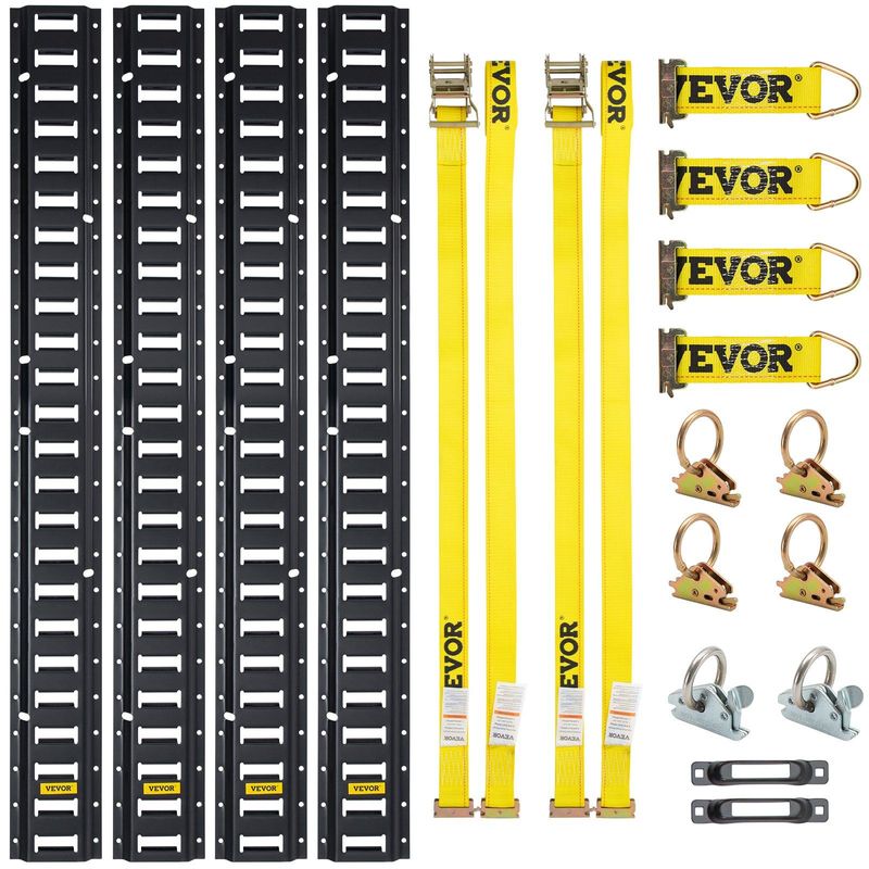 VEVOR E Track Tie-Down Rail Kit, 18PCS 5FT E-Tracks Set Includes 4 Steel Rails & 2 Single Slot & 6 O Rings & 4 Tie-Offs W/D-Ring & 2 Ratchet Straps, Securing Accessories For Cargo Motorcycles Bikes_voghion.com