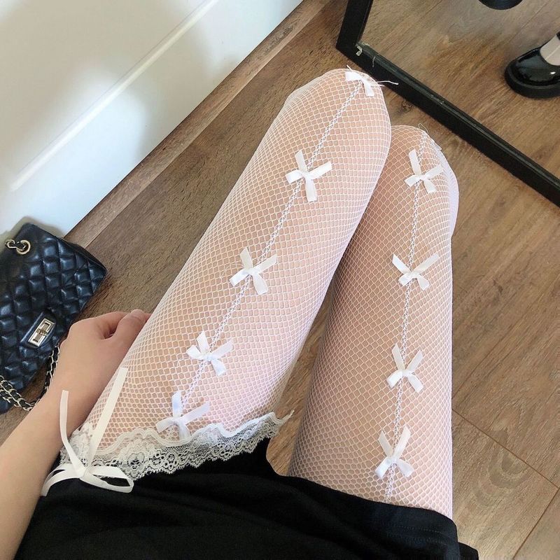 Damskie pończochy z siateczki JK Bowknot, cienkie, seksowne, letnie legginsy Lolita z wycięciami, długie, czarne rajstopy rurkowe_voghion.com