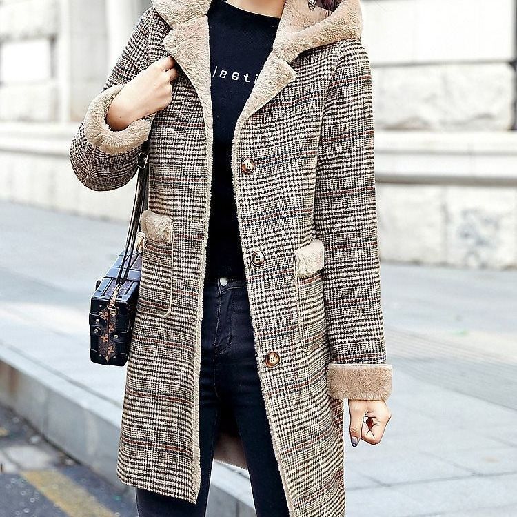 Dametøj nyt vintertøj kvinders ternet uldpels ét stykke plus fløjl fortykket varm mellemlang hættetrøje i uld_voghion.com