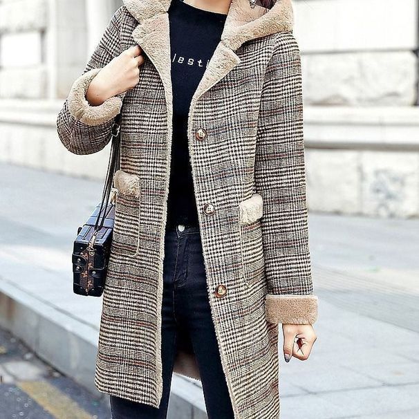 Dametøj nyt vintertøj kvinders ternet uldpels ét stykke plus fløjl fortykket varm mellemlang hættetrøje i uld_voghion.com