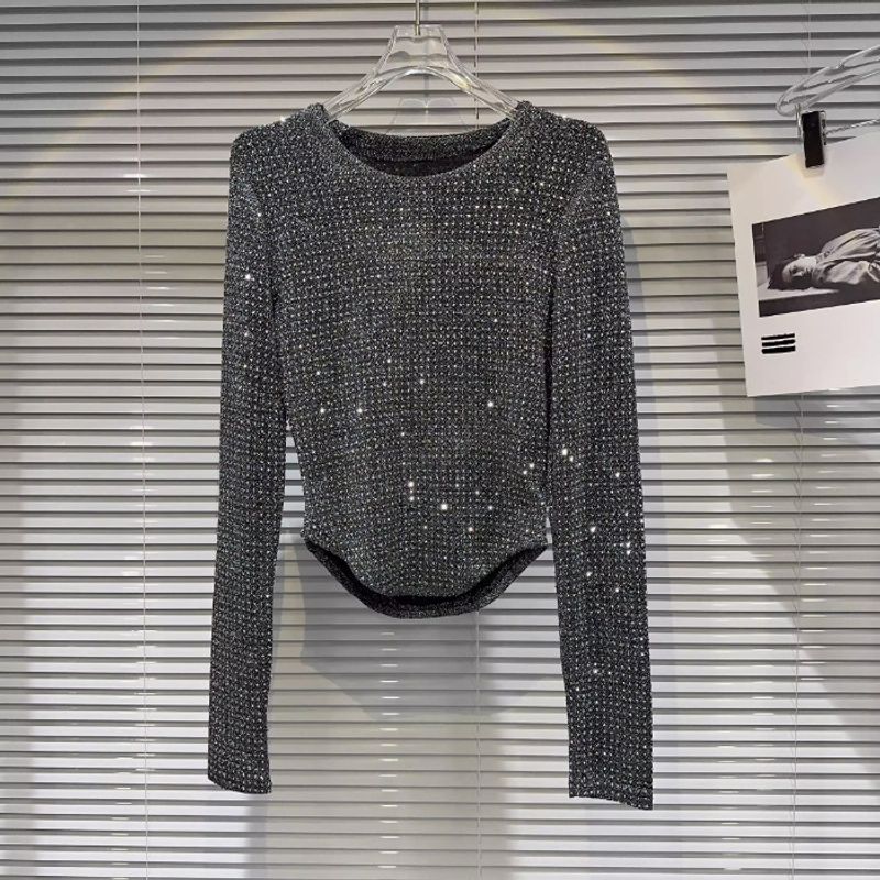 Women's Clothing Diamond bright silk design curved edge T-shirt_voghion.com