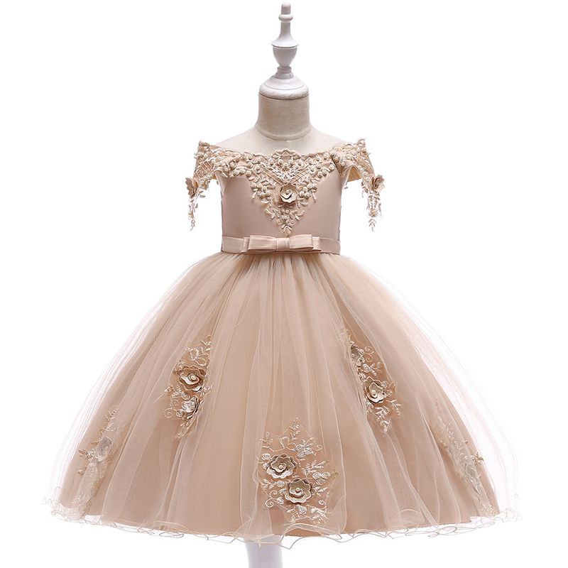 Vêtements pour bébés Robe pour filles Robe pour enfants CuHK Robe de piste pour filles de smoking en perles cloutées à une ligne d'épaule pour enfants_voghion.com