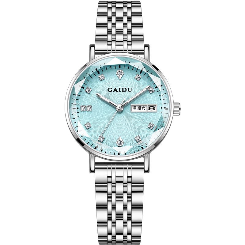 Günlük Kullanım İçin Şık Paslanmaz Çelik Bantlı, Aydınlık Akrep ve Yelkovanlı, Çift Takvimli Kadın Su Geçirmez Kuvars Saat_voghion.com