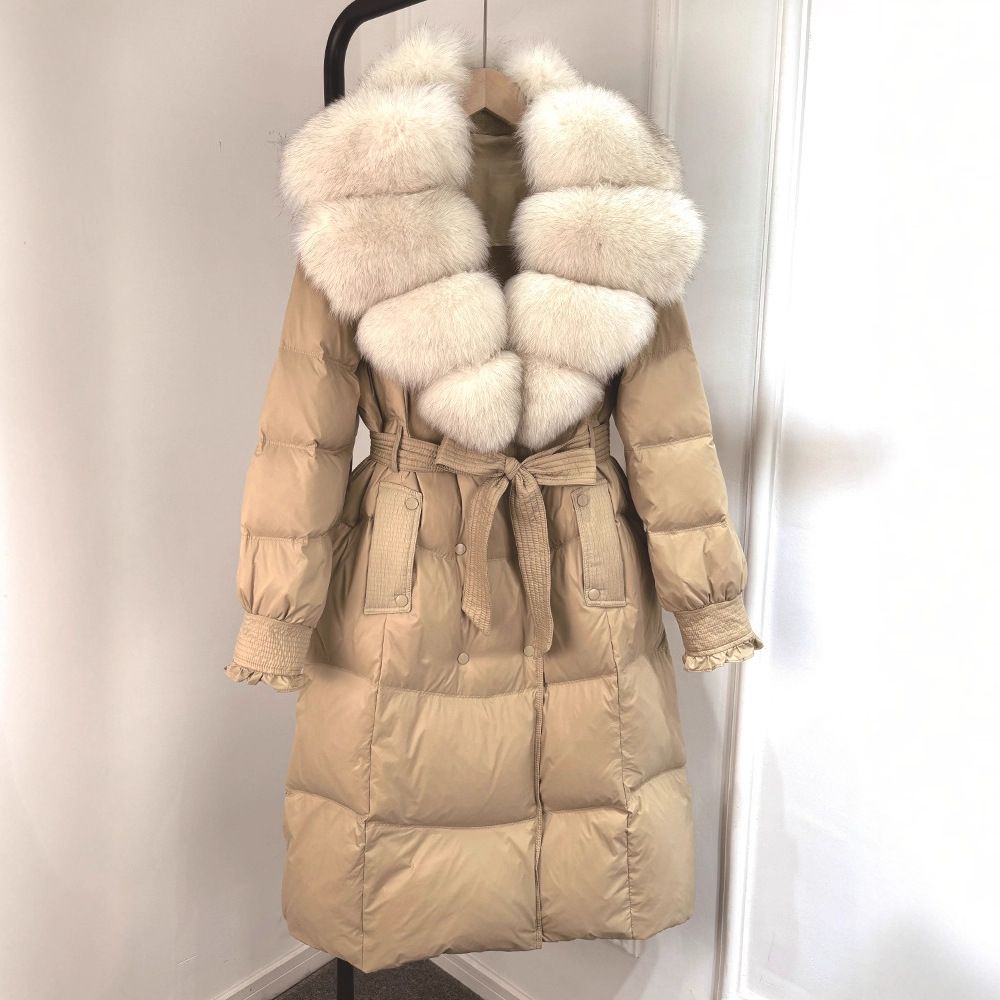 Casaco de plumas estilo trench com gola de pele de raposa – Jaqueta de inverno com cinto para mulheres (cáqui/branco/cinza, P-GG)_voghion.com