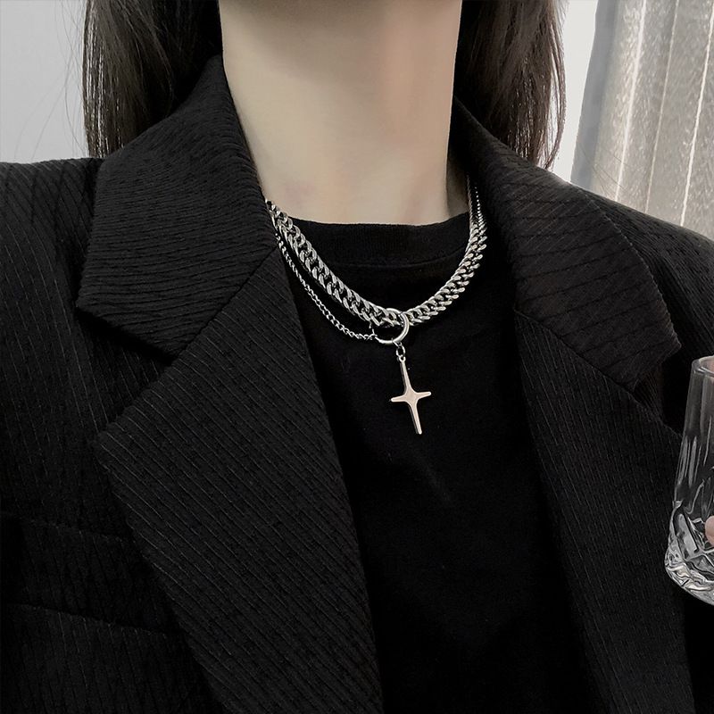Titanium Steel Cross Star Cuban Necklace For Men And Women Ins Hip Hop Minimalist Clavicle Chain Jewelry_voghion.com