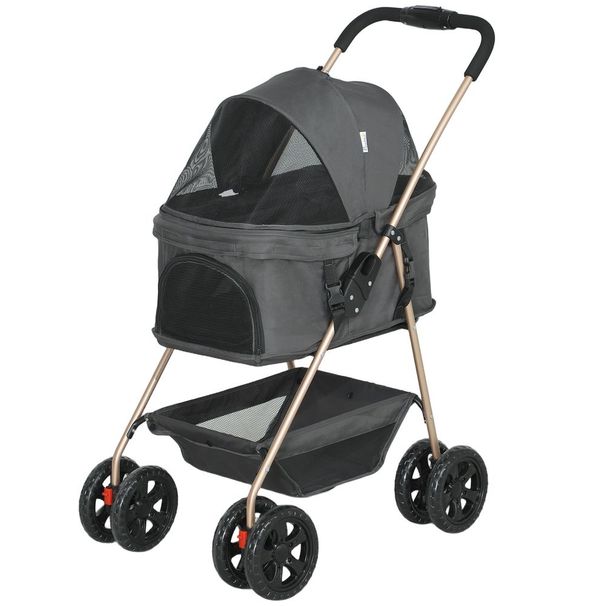 PawHut 3 In 1 Pet Stroller With Detachable Carrier, Foldable Dog Stroller With Storage Basket, Cupholder, For Mini Dogs, Gray_voghion.com