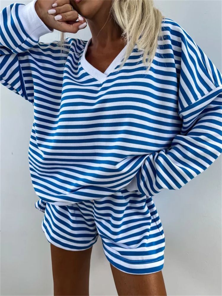 Set da 2 pezzi per donna, casual, a righe, a maniche lunghe, con scollo a V, top largo e pantaloncini sportivi_voghion.com