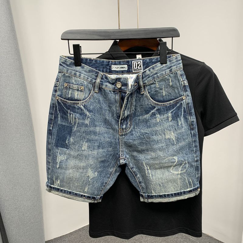 Men's Clothing Summer New Style Distressed Slim Fit Denim Shorts Trendy Men's Stylish Personality Washed Shorts Trendy Cat Whisker Mid Length Pants_voghion.com