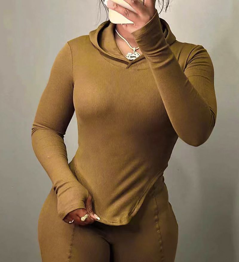 cappuccio alla moda, orlo irregolare, top casual a maniche lunghe con maniche a dita_voghion.com