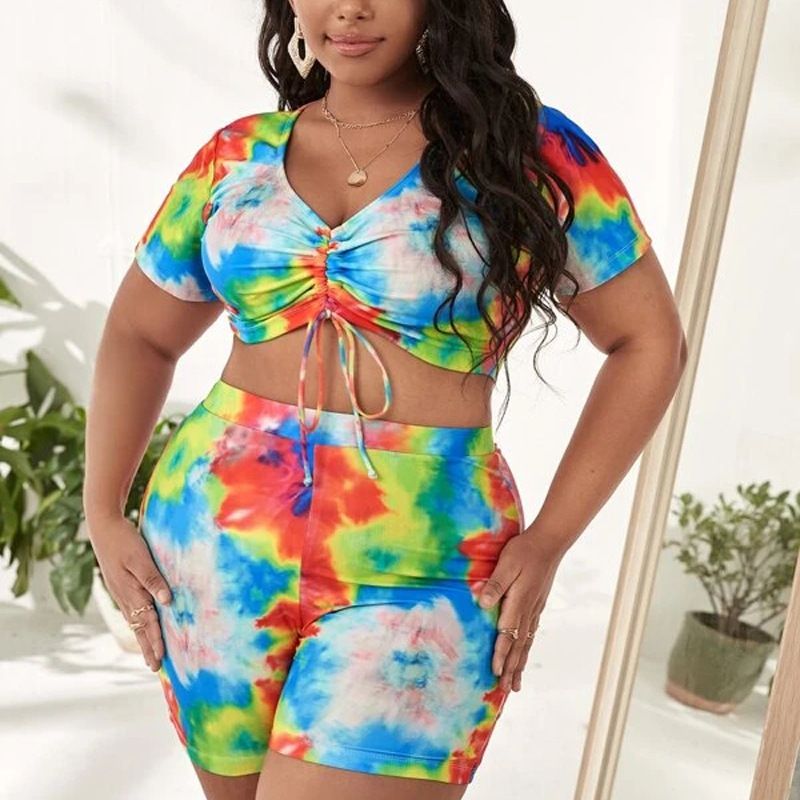 Women's Clothing Sexy Split High Waist Plus Size Fat Woman Swimsuit Swimsuit Tie Dye Short Sleeve Drawstring_voghion.com