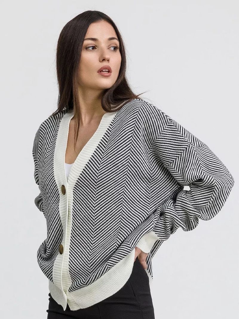 Maglione a righe a contrasto, giacca a maniche lunghe, scollo a V, cardigan casual lavorato a maglia_voghion.com