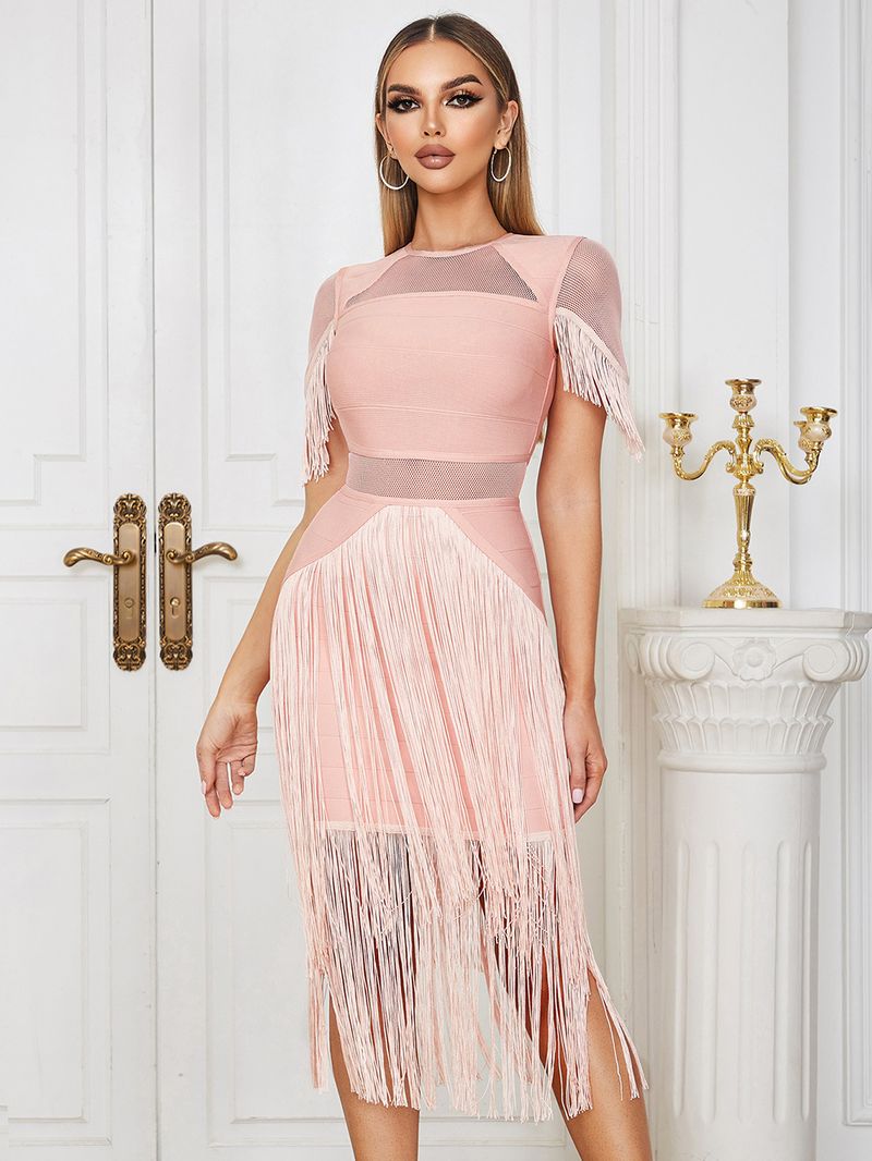 Women's shawl mesh tassel knitted dress summer slimming hot girl hip skirt_voghion.com
