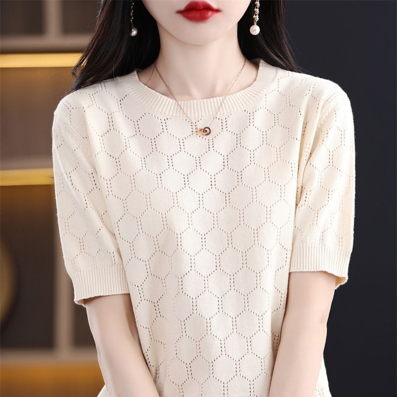 T-shirt d'été à manches courtes et col rond pour femme, en jacquard ajouré diamanté, ample et fin, en coton tricoté_voghion.com