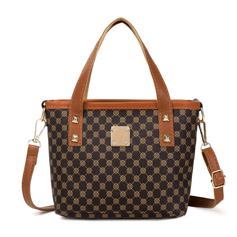 ​​Umhängetasche aus PU-Leder für Damen mit Aufdruck und Steppmuster, mittelgroße Handtasche für den täglichen Gebrauch, Handytasche und Make-up-Organizer (Schwarz/Braun)​_voghion.com