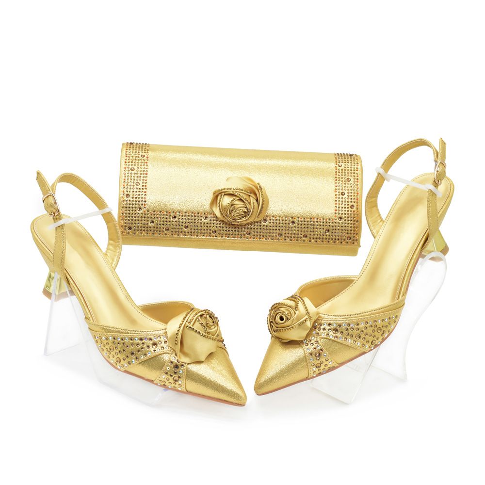 New Solid Color Three-dimensional Applique Decorative Middle Heel Pointed Shoes With Dinner Bag Set_voghion.com