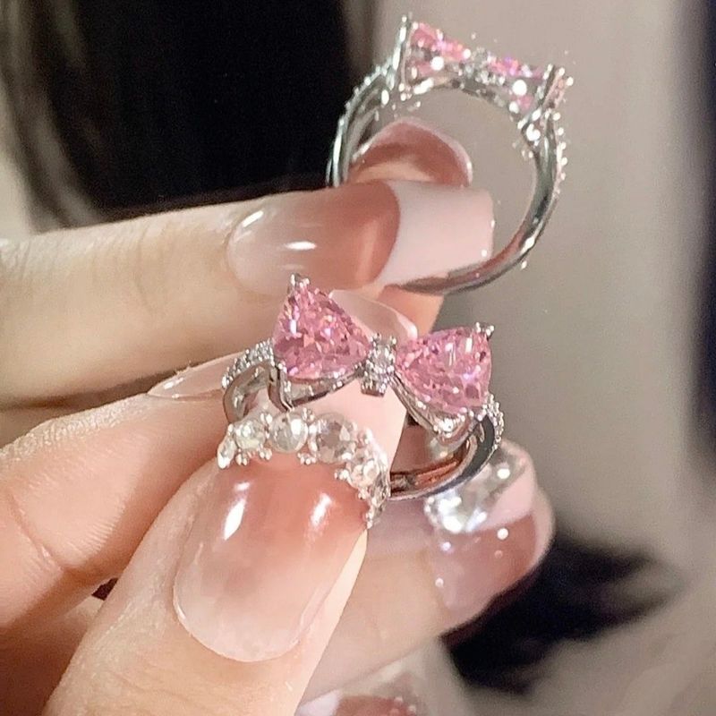 Inel de damă Bow Open cu diamant roz și perlă franceză rafinată, cu deschidere reglabilă_voghion.com