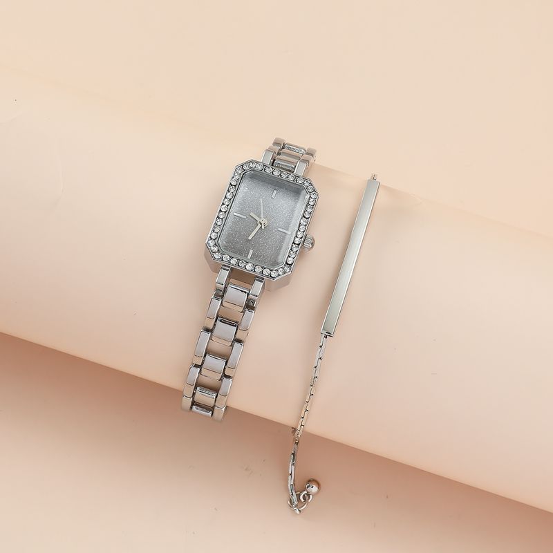 Women's Watches Fashion Trend Small Square Watch Set With Diamond Silver Powder Face Watch Bracelet Quartz Watch Set_voghion.com