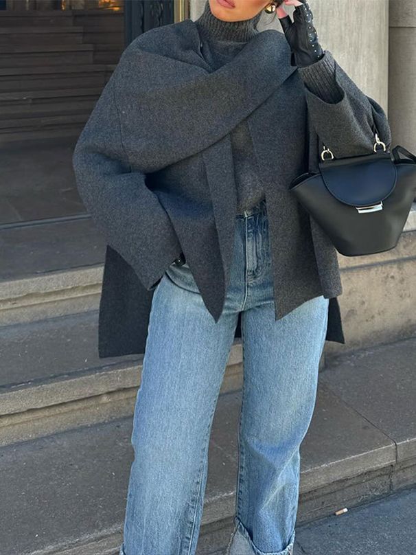 Oversized Knit Cape Cardigan – Long Sleeve Open Front Wrap Coat With Scarf Collar, Cozy Fall & Winter Layering Piece In Charcoal, Brown, Wine_voghion.com