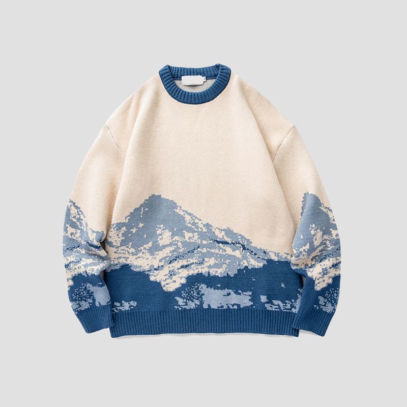 Men's Clothing Autumn and Winter Tie-Dyeing Snow Mountain Trendy Brand Crewneck Sweater Men's Loose Sweater Sweater Long-sleeved Jacket_voghion.com