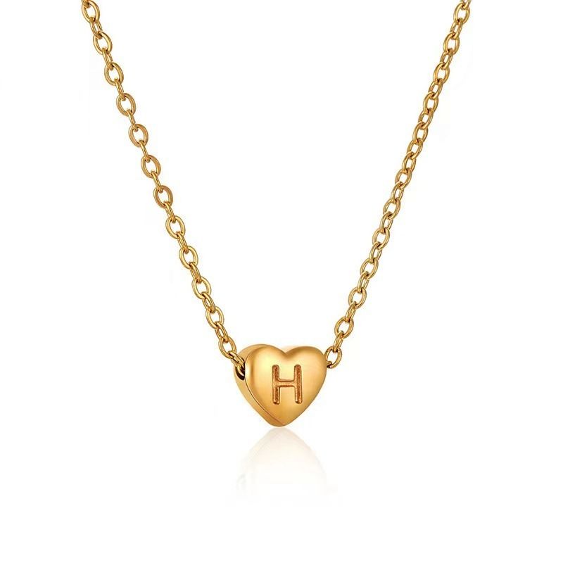 Collana con ciondolo a forma di cuore personalizzato con alfabeto - Ciondolo con lettera in acciaio inossidabile placcato oro 18 carati, delicata catena a maglie circolari per donna_voghion.com