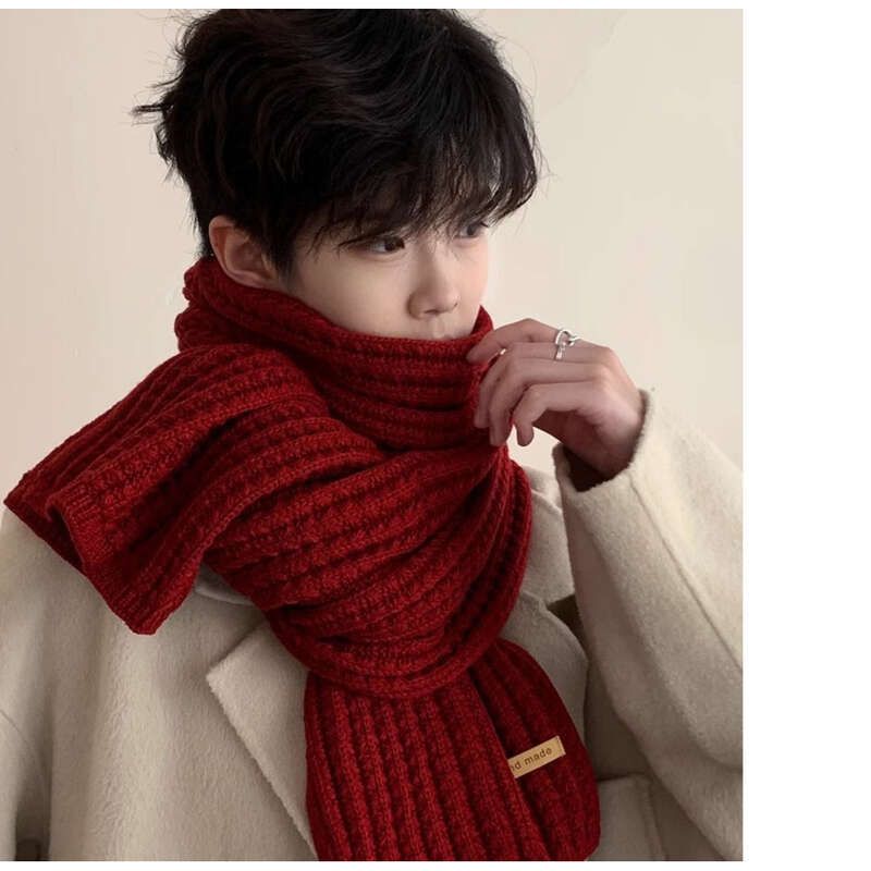 Bufanda de lana tejida gruesa coreana de color sólido y cálida para hombre, regalo de tendencia para novio, invierno 2025_voghion.com