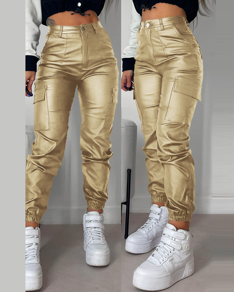Women'S Black PU casual patch pocket leggings_voghion.com