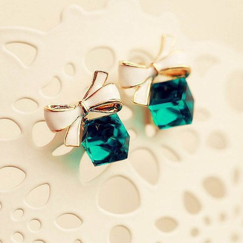Straight Bow Block Fashion Rubik's Cube Crystal Silver Plated Stud Earrings_voghion.com