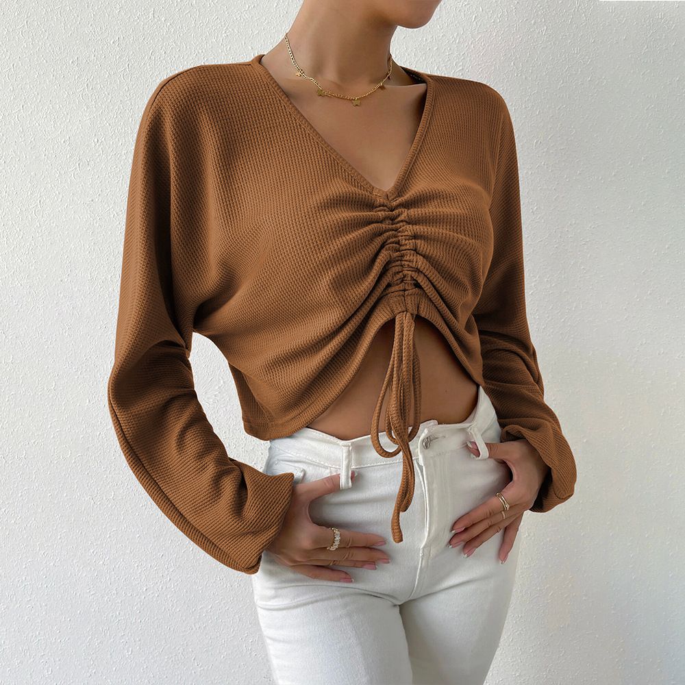 2023 Spring/Summer New Women's Loose casual V-neck drawstring Waffle Long sleeved T-shirt with exposed navel and_voghion.com