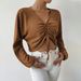 2023 Spring/Summer New Women's Loose casual V-neck drawstring Waffle Long sleeved T-shirt with exposed navel and_voghion.com