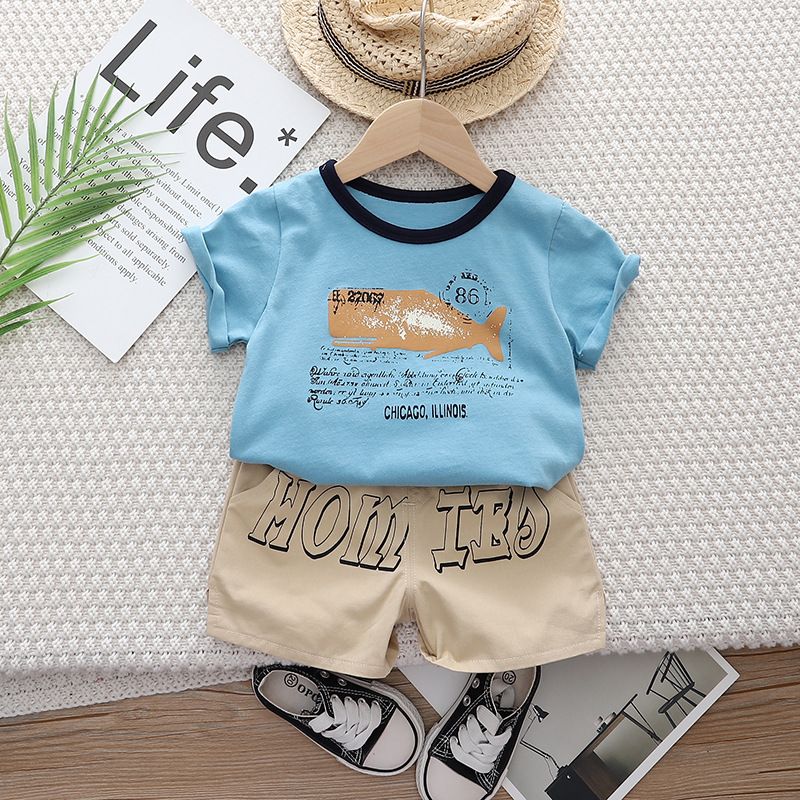 Jungen Sommer 2024 Neue Modische Baby Casual Rundhals Delphin Brief Kurzarm Zwei Stück Set_voghion.com