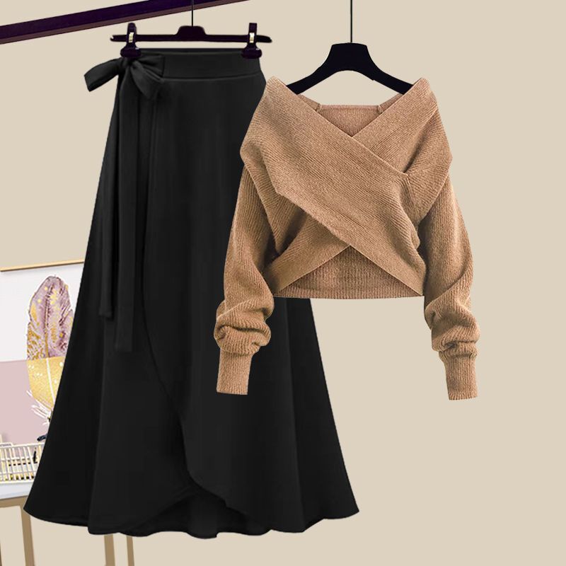 Vêtements pour femmes Costumes d'automne pour femmes Nouvelle grande taille Style coréen Slim Cross Pull taille haute Jupe deux pièces Costume tendance_voghion.com