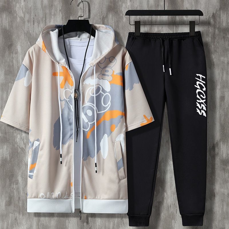 Spring And Summer Zipper Suit Trendy Casual Versatile Handsome Short-sleeved Korean Version Of Men's Teenagers Loose Hooded Casual Sportswear_voghion.com