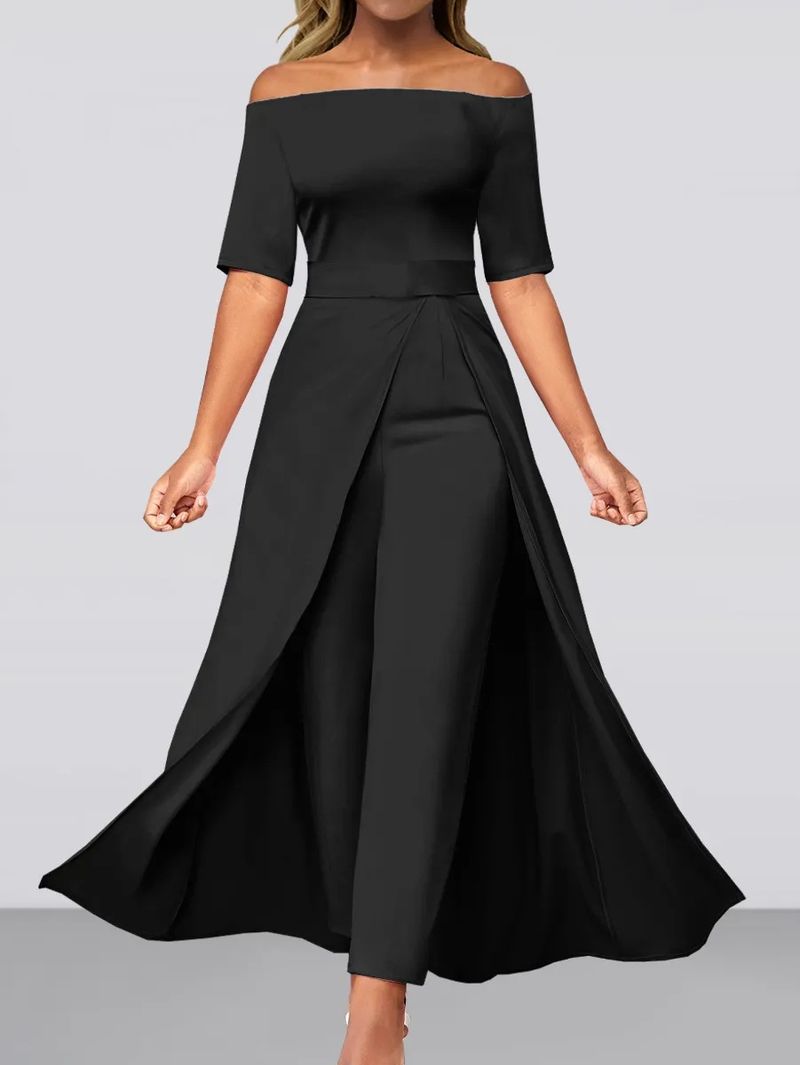 Autumn and spring women's fashion temperament black one-shoulder cape jumpsuit_voghion.com