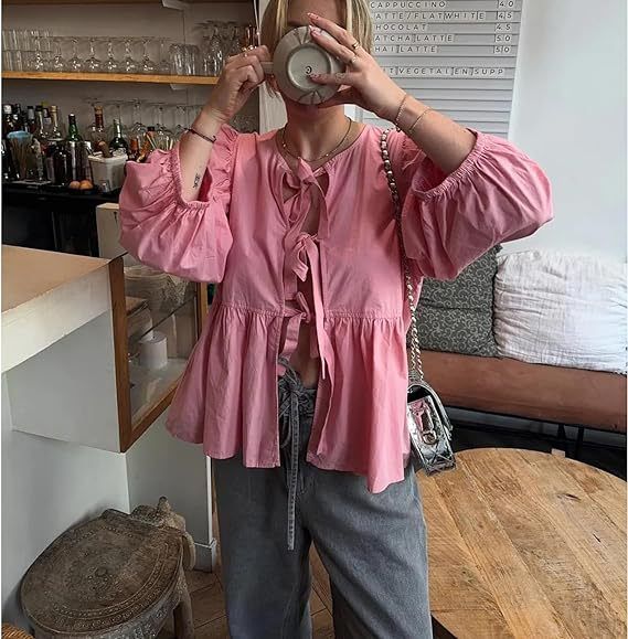 Dameskleding Zoete casual band ronde hals pofmouw veelzijdig shirt_voghion.com