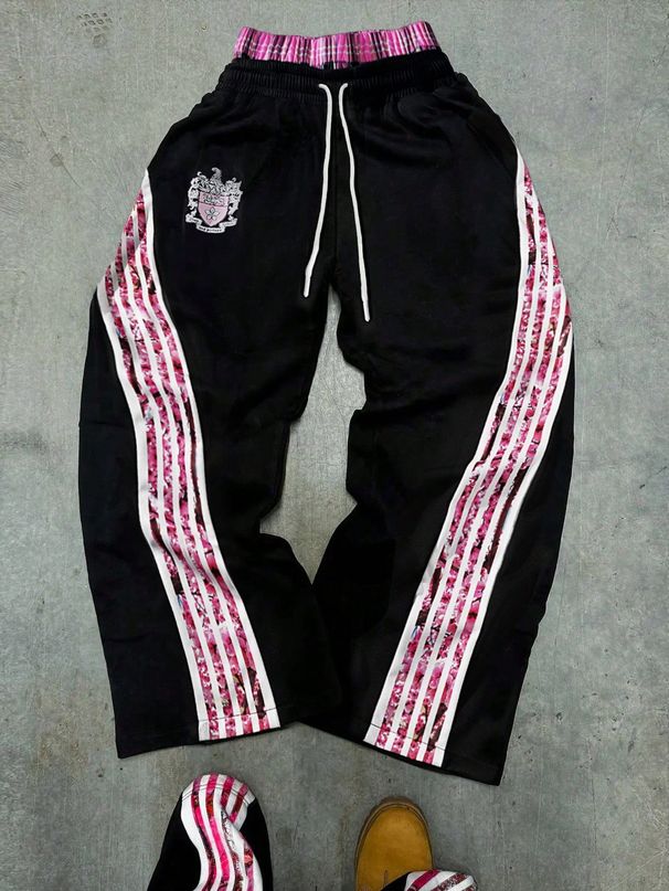 Retro High-Street Print Streifenhose Unisex Loose Fit Freizeithose mit zweifarbigem Design_voghion.com