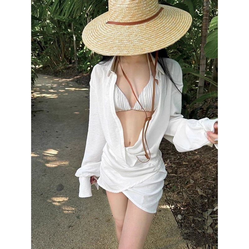 Abbigliamento da donna Ins Mare Spiaggia Vacanza Bikini Camicia Vestito Costume da bagno Donna Set tre pezzi per coprire la pancia Rete Rosso Piccolo petto_voghion.com