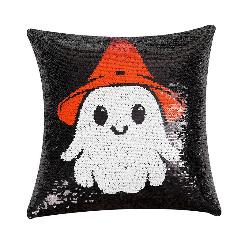 Halloween Reversible Sequin Ghost Pillow Cover – Fun & Spooky Decorative Throw Pillow Case For Sofa, Bed, Or Outdoor Decor Polyester_voghion.com