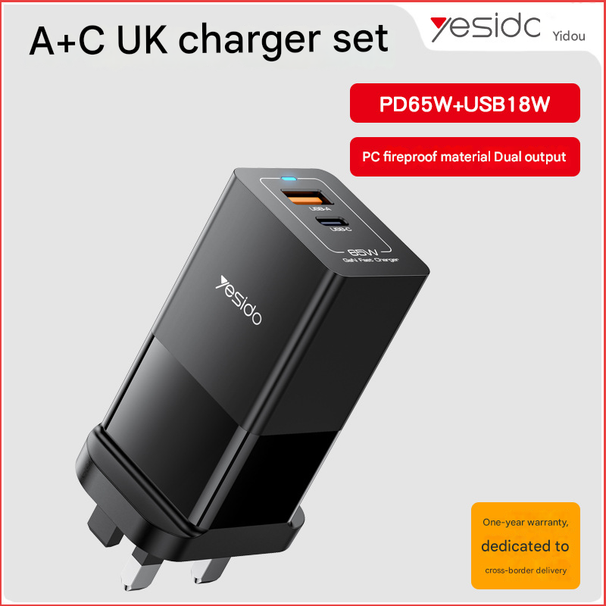 syct Yesido Fast Charging Adapter EU Plug Charger PD65W Multi-Port USB Compact Portable_voghion.com