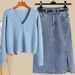 Zweiteiliges Damen-Set aus Strickjacke und Jeansrock – schmeichelhaftes Herbst-/Winter-Outfit mit Gürtel (Optionen: Blau/Weiß/Schwarz)_voghion.com