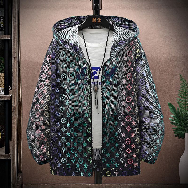 Sonnenschutzjacke mit hohler Kapuze für den Sommer, Ruffian, hübsche, atmungsaktive Mesh-Leichtjacke, trendige Outdoor-Herrenjacke_voghion.com