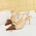 Women's shoes with thin heels, high heels, light mouth, color matching pointed metal chain decoration with hollow back strap single shoes_voghion.com