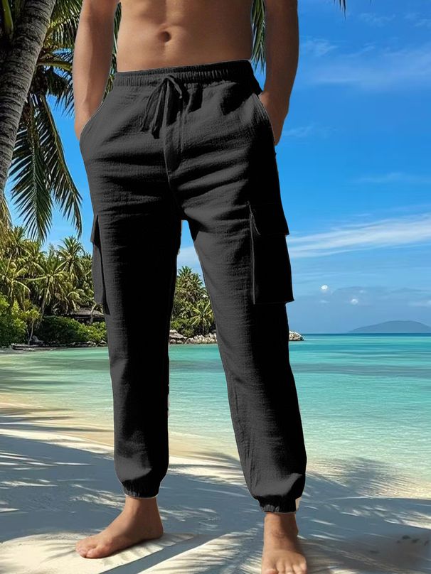 Four Seasons Cotton And Linen Casual Cuffs Multi Pocket Drawstring Solid Color Loose Large Size Trousers_voghion.com