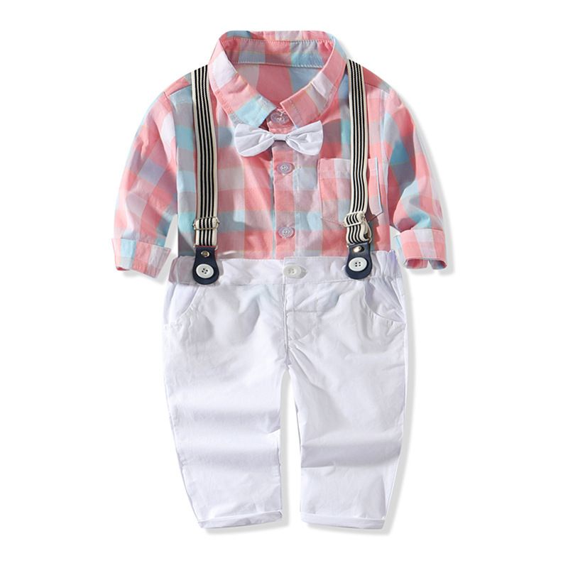 Baby clothes Boys and gentlemen bow tie long sleeve plaid shirt suspenders suit_voghion.com