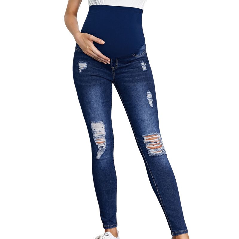 Madre e bambini Le donne incinte a vita alta sostengono i jeans della pancia pantaloni strappati moda stretti piedini elastici_voghion.com